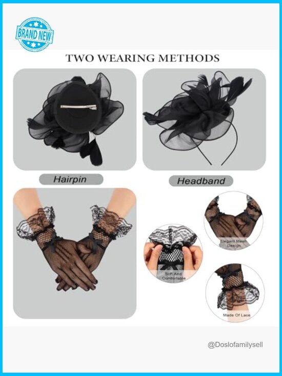 Fascinator Hat Set with Lace Gloves Pearl Necklace Earrings Feather Derby Hat